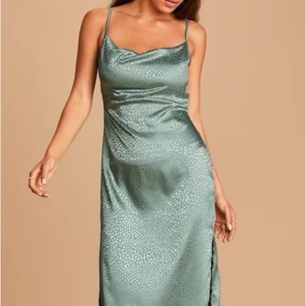 Lulus Sage Green Satin Jacquard Cowl Neck Midi Dress